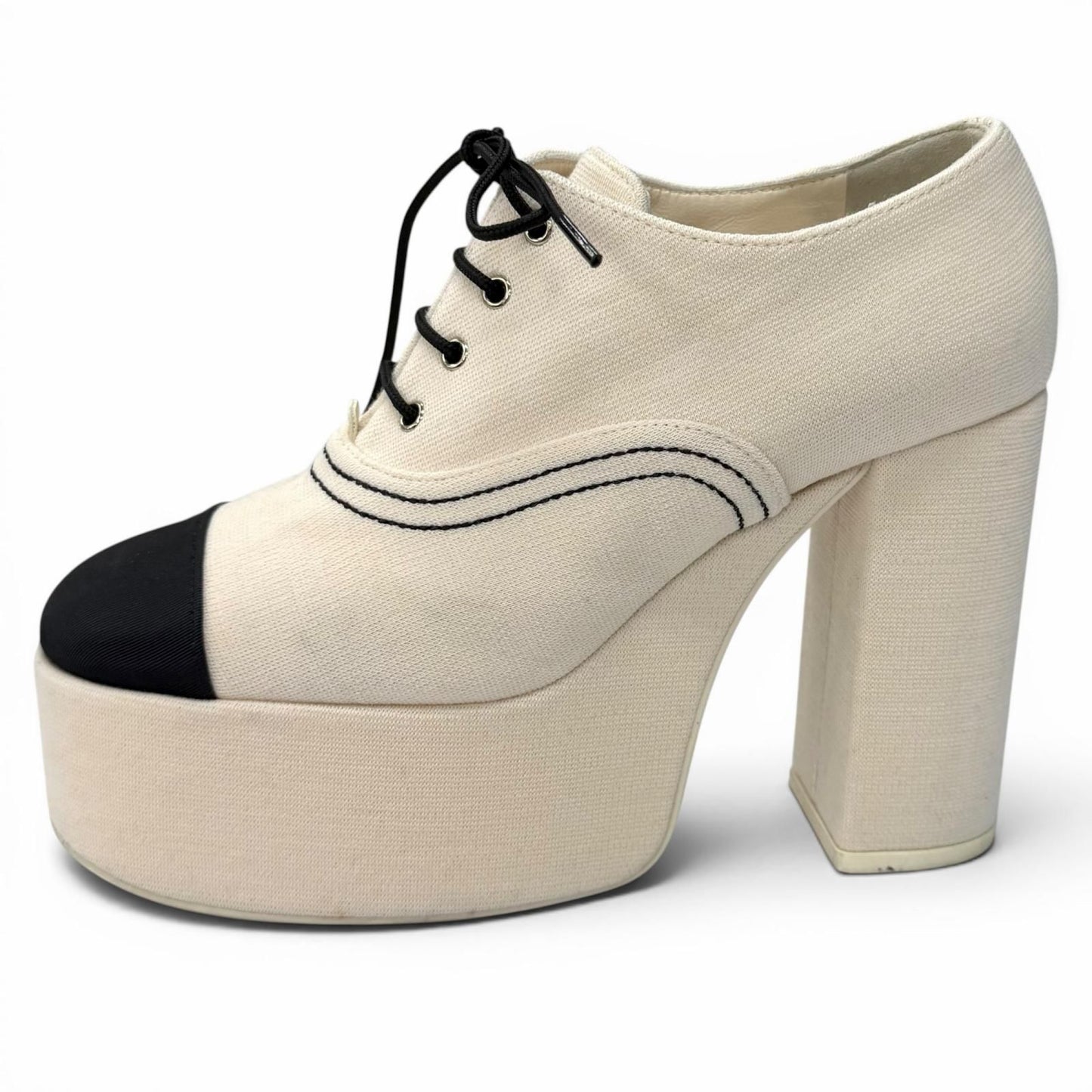 Chanel Line Stone CC Logo Lace Up Thick Sole Booties Up Shoes Beige Black — view 4