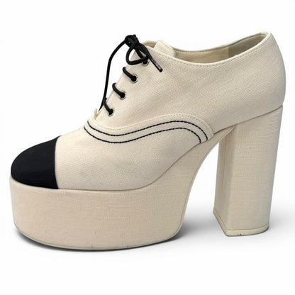 Chanel Line Stone CC Logo Lace Up Thick Sole Booties Up Shoes Beige Black — view 4
