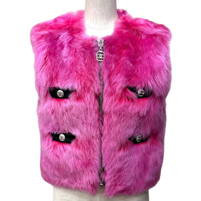 Chanel Reversible CC Logo Button Zip UP Lamfa Vest Pink Black 36