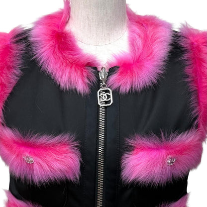 Chanel Reversible CC Logo Button Zip UP Lamfa Vest Pink Black 36 — view 8