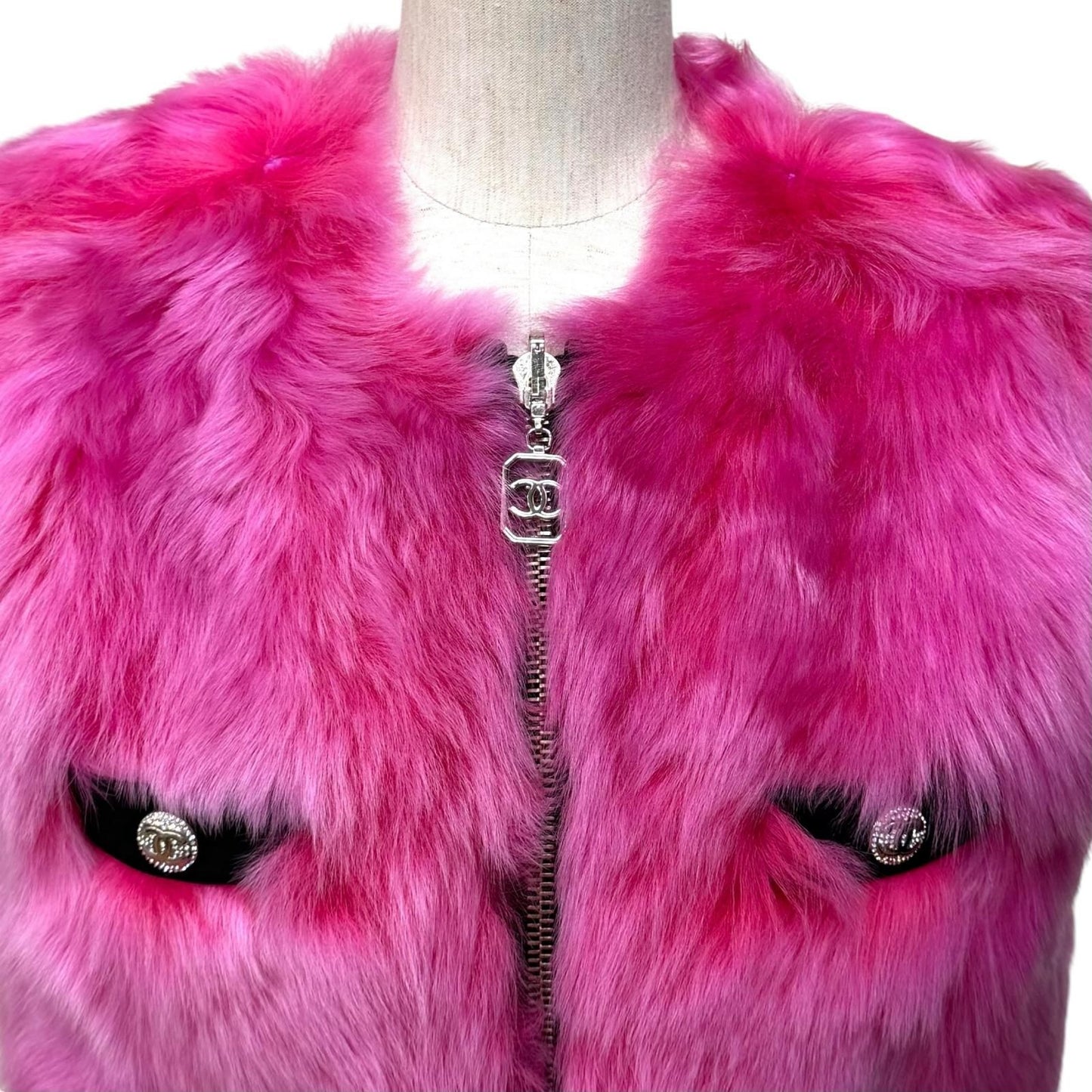 Chanel Reversible CC Logo Button Zip UP Lamfa Vest Pink Black 36 — view 5