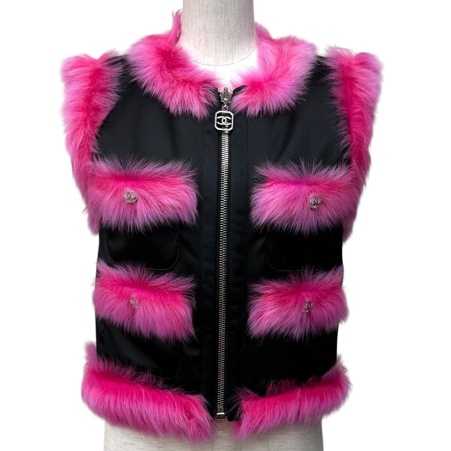 Chanel Reversible CC Logo Button Zip UP Lamfa Vest Pink Black 36 — view 2