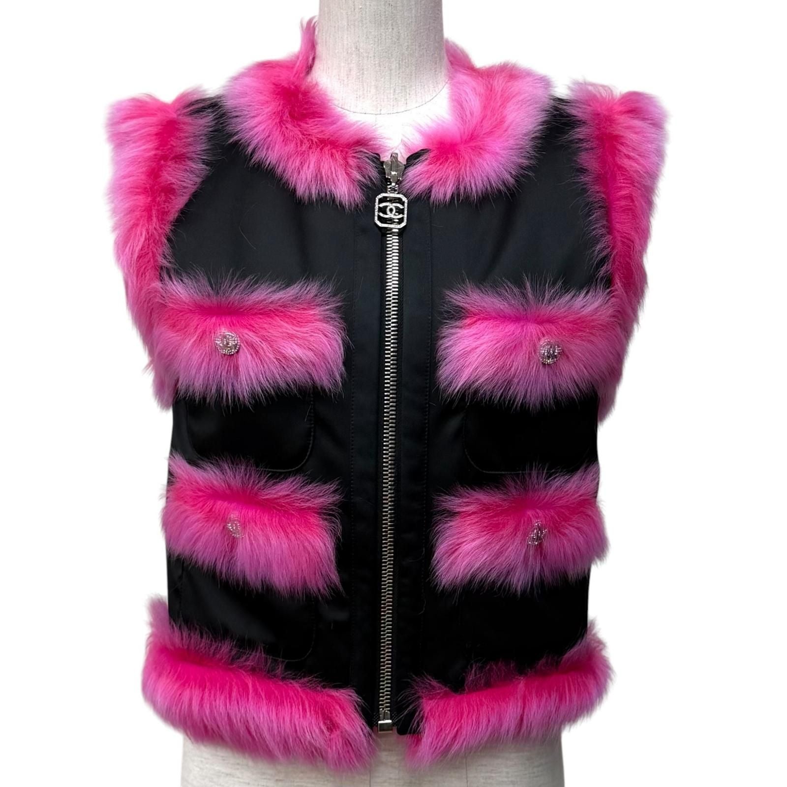 Chanel Reversible CC Logo Button Zip UP Lamfa Vest Pink Black 36 — view 2