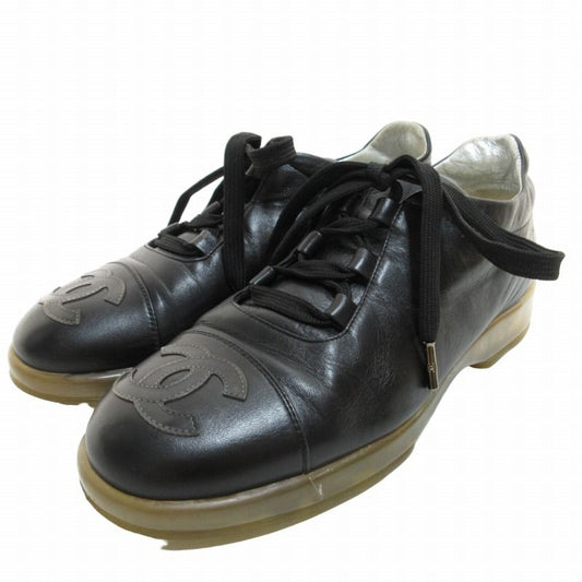 Chanel Leather Sneakers Clear Sole Shoes CC Logo Black