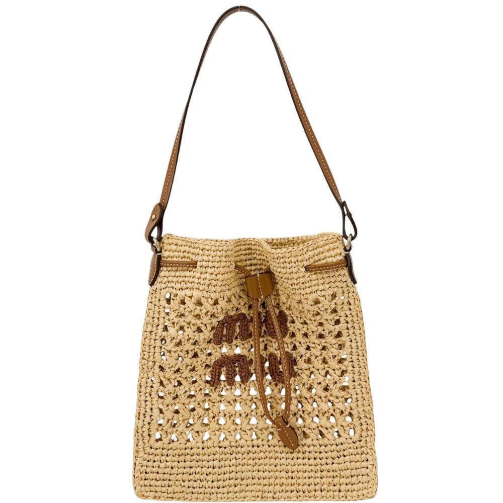 Miu Miu Miu Woven Fabric Mini Bag Basket Straw Leather Beige Brown Gold Spring