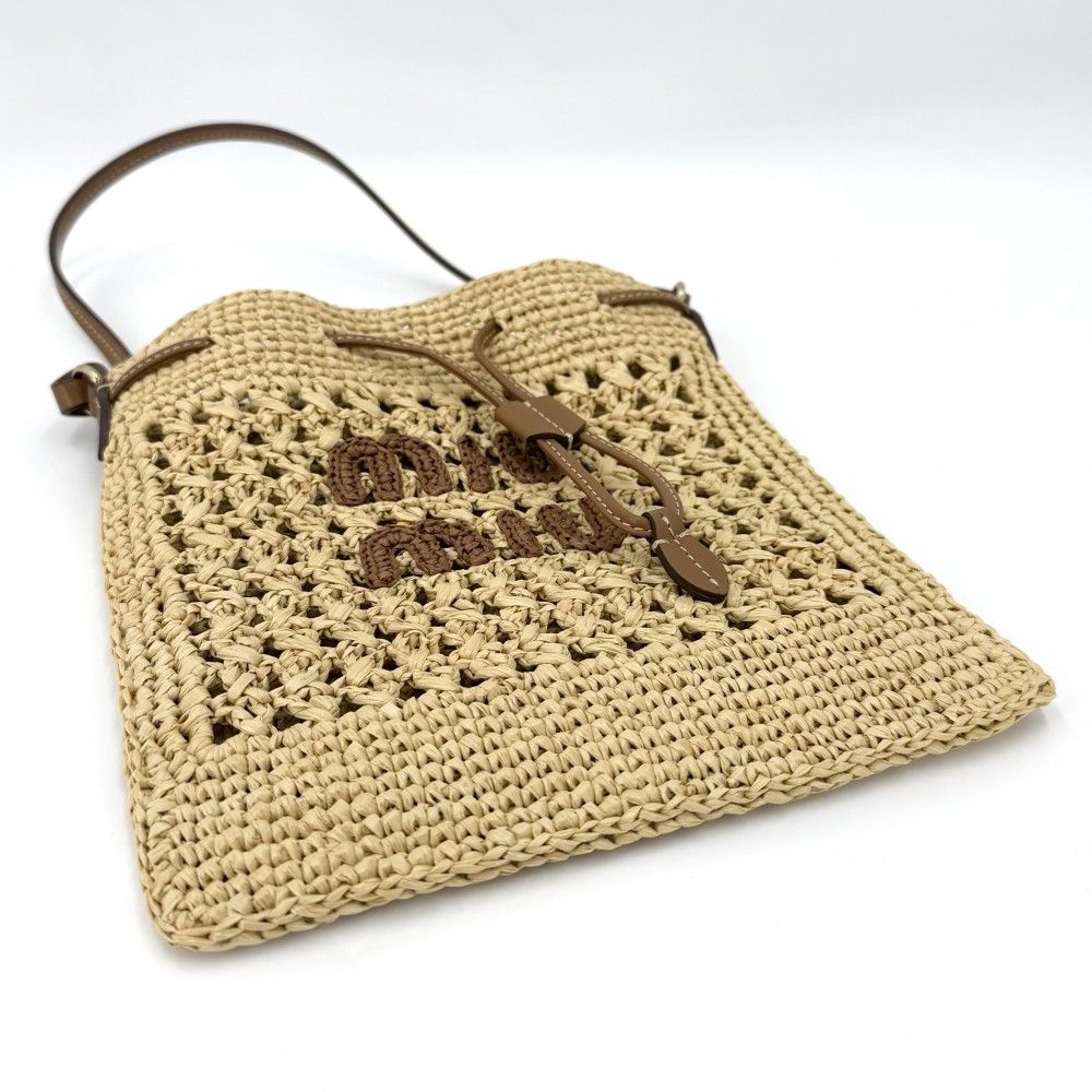 Miu Miu Miu Woven Fabric Mini Bag Basket Straw Leather Beige Brown Gold Spring — view 3