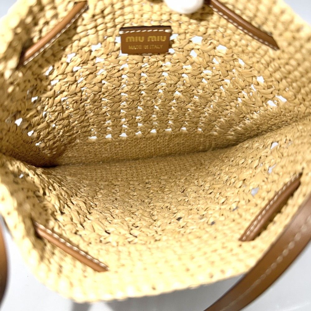 Miu Miu Miu Woven Fabric Mini Bag Basket Straw Leather Beige Brown Gold Spring — view 4