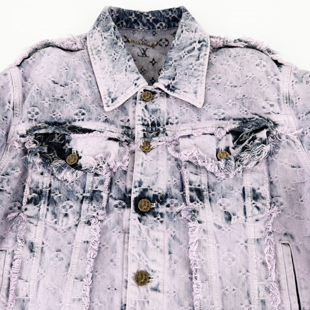 Louis Vuitton Denim Jacket Boyhood Fringe Distressed Monogram 48 Pink Blue — view 6