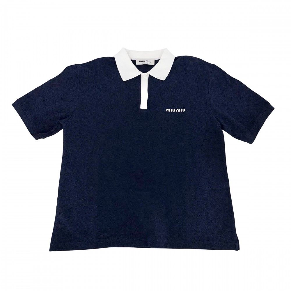 Miu Miu Miu Polo Shirt Cotton Pique Short Sleeve S Navy White Spring Summer