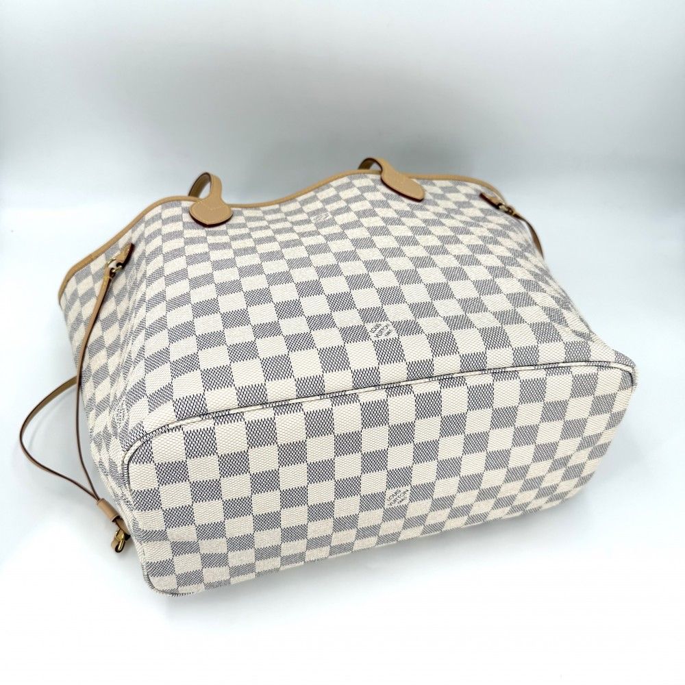 Louis Vuitton Tote Neverfull MM Handbag Shoulder Damier Azur Canvas White Gold — view 3