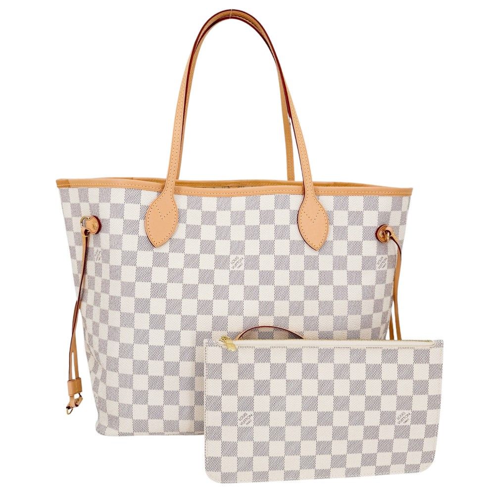 Louis Vuitton Tote Neverfull MM Handbag Shoulder Damier Azur Canvas White Gold