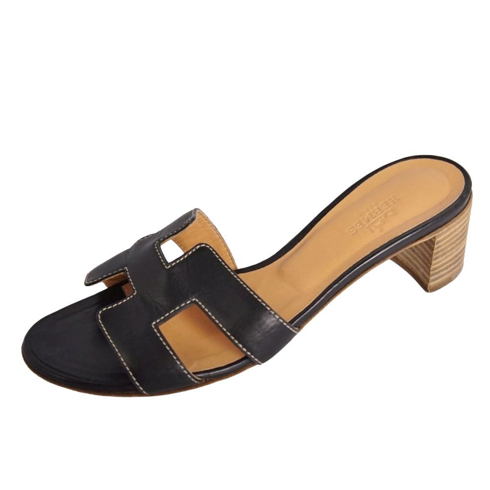 Hermes Sandals Oasis Logo Leather Heels Shoes