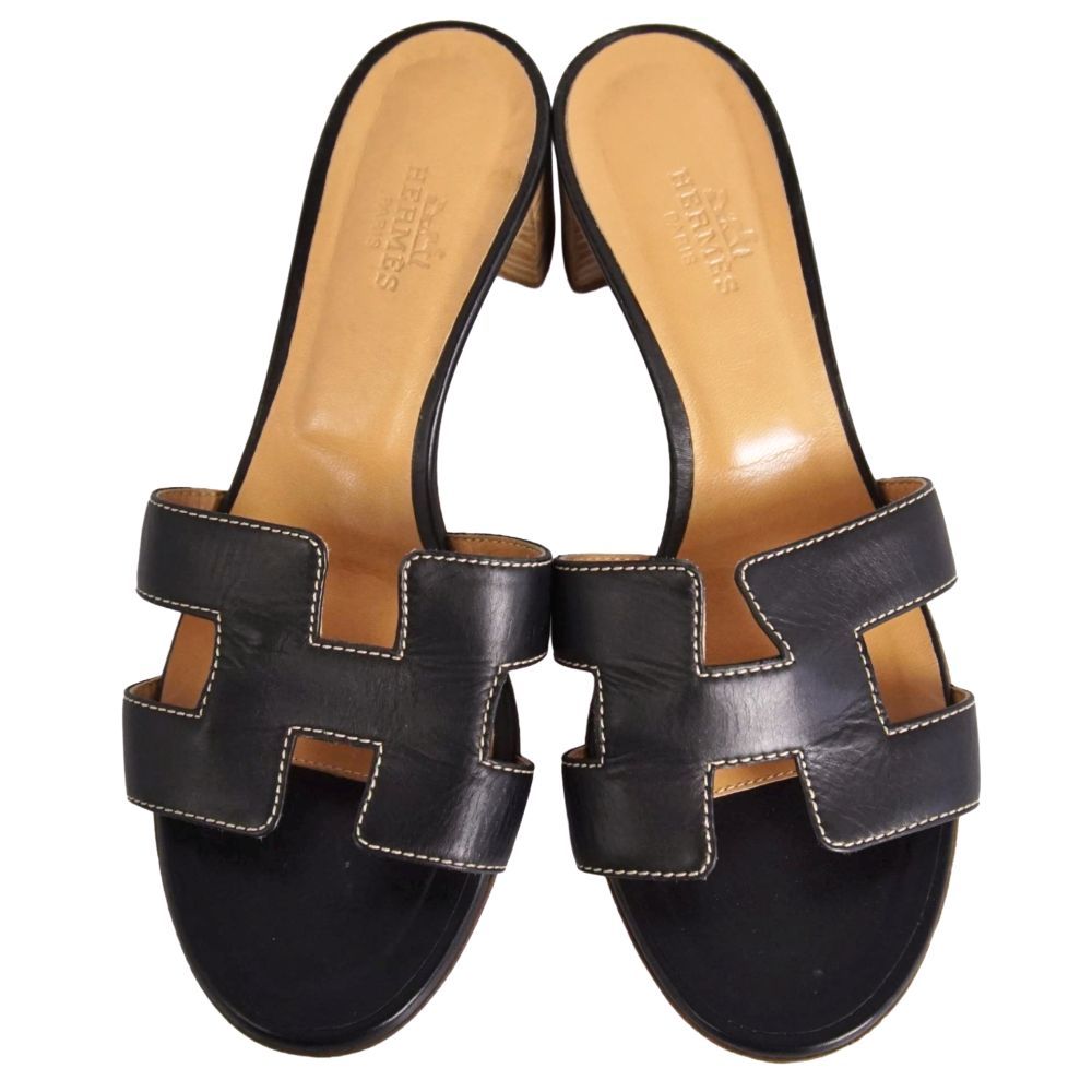 Hermes Sandals Oasis Logo Leather Heels Shoes — view 4