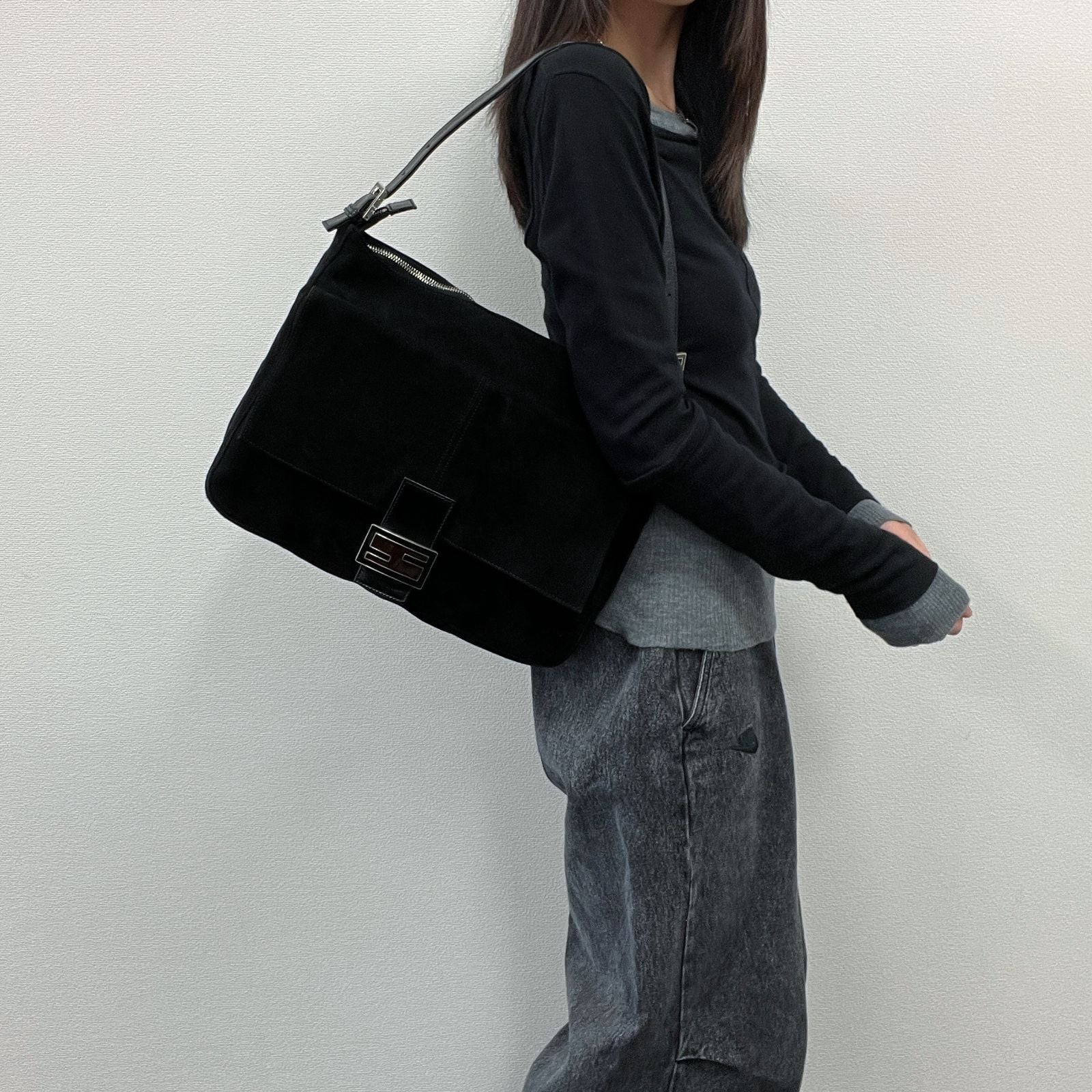 Fendi Shoulder Bag Black Suede Vintage