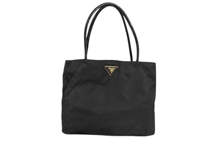 Prada Tote Triangle Logo Black Nylon Enamel Gold