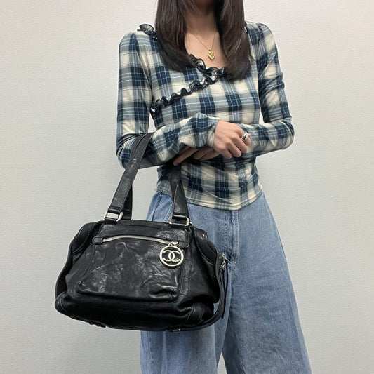 Chanel CC Logo Shoulder Bag Tote Black Leather 11 Vintage
