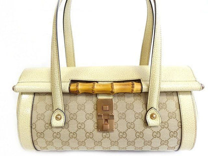 Gucci Handbag Bamboo Leather Cream GG Canvas Tote Blanc