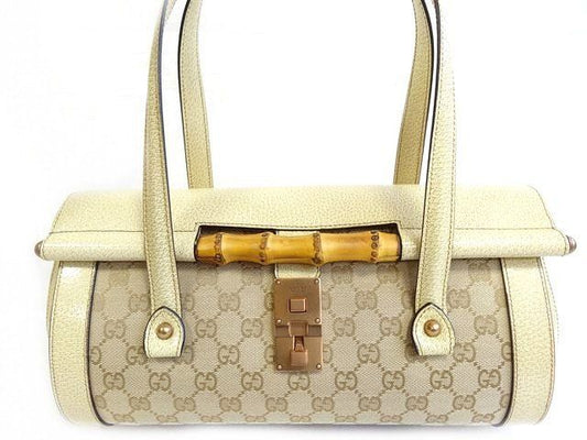 Gucci Handbag Bamboo Leather Cream GG Canvas Tote Blanc
