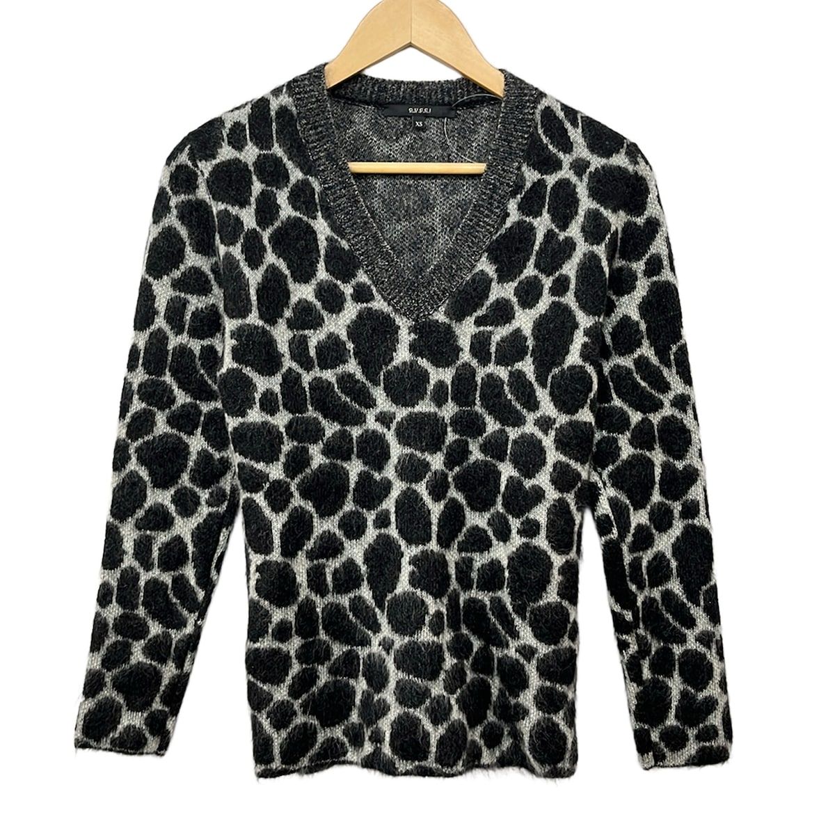Gucci Long Sleeve Sweater XS Light Gray Black Neck Animal Pattern