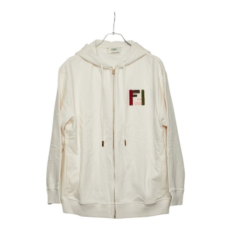 Fendi Brushed Oversize Zip Hoodie S Off White Cotton Polyurethane Sequin