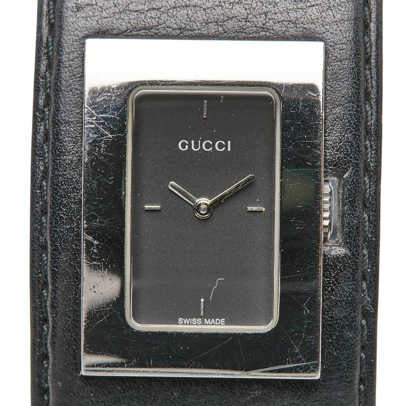 Gucci Watch Bangle Silver Black Stainless Steel Leather