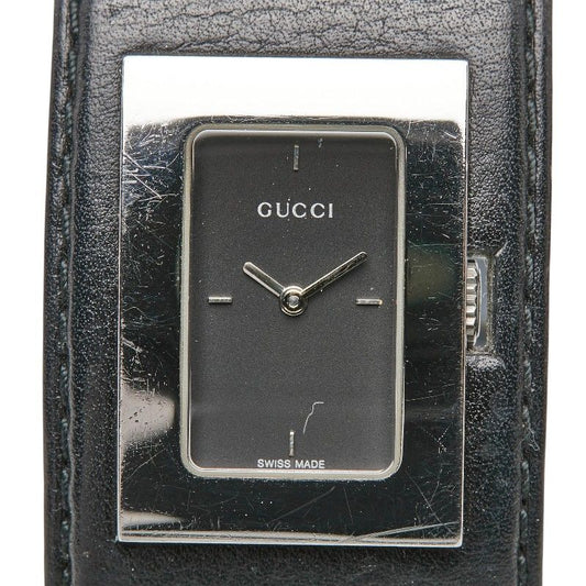 Gucci Watch Bangle Silver Black Stainless Steel Leather