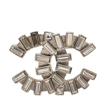 Chanel CC Logo Brooch Silver Clear Line Stone Metal