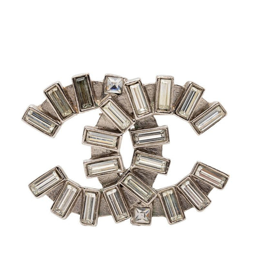 Chanel CC Logo Brooch Silver Clear Line Stone Metal