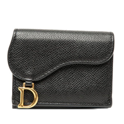Dior Saddle Trifold Wallet Compact Black Gold Leather