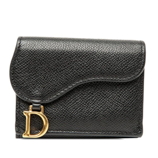 Dior Saddle Trifold Wallet Compact Black Gold Leather
