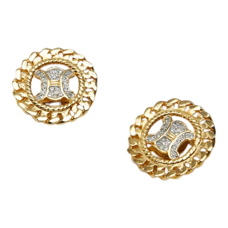 Celine Logo Earrings Gold Line Stone Plated