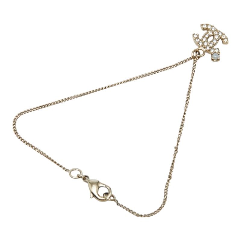 Chanel CC Logo Bracelet Gold Plated Faux Pearl Line Stone — view 2