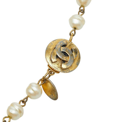 Chanel CC Logo Necklace Gold Plated Line Stone Faux Pearl — view 4