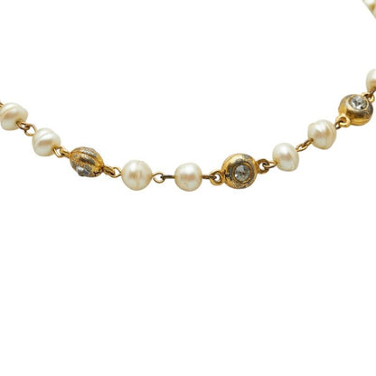 Chanel CC Logo Necklace Gold Plated Line Stone Faux Pearl — view 2