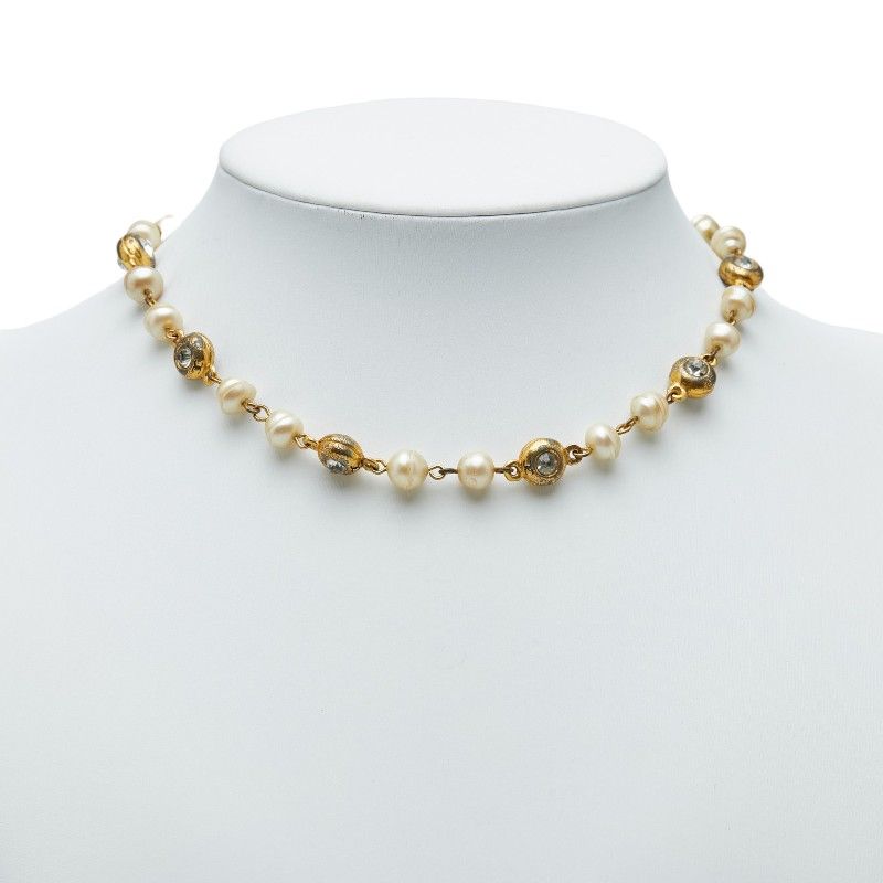 Chanel CC Logo Necklace Gold Plated Line Stone Faux Pearl