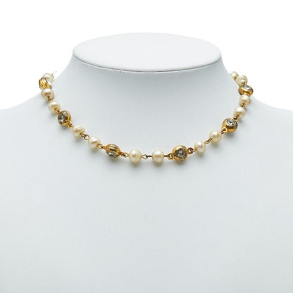 Chanel CC Logo Necklace Gold Plated Line Stone Faux Pearl