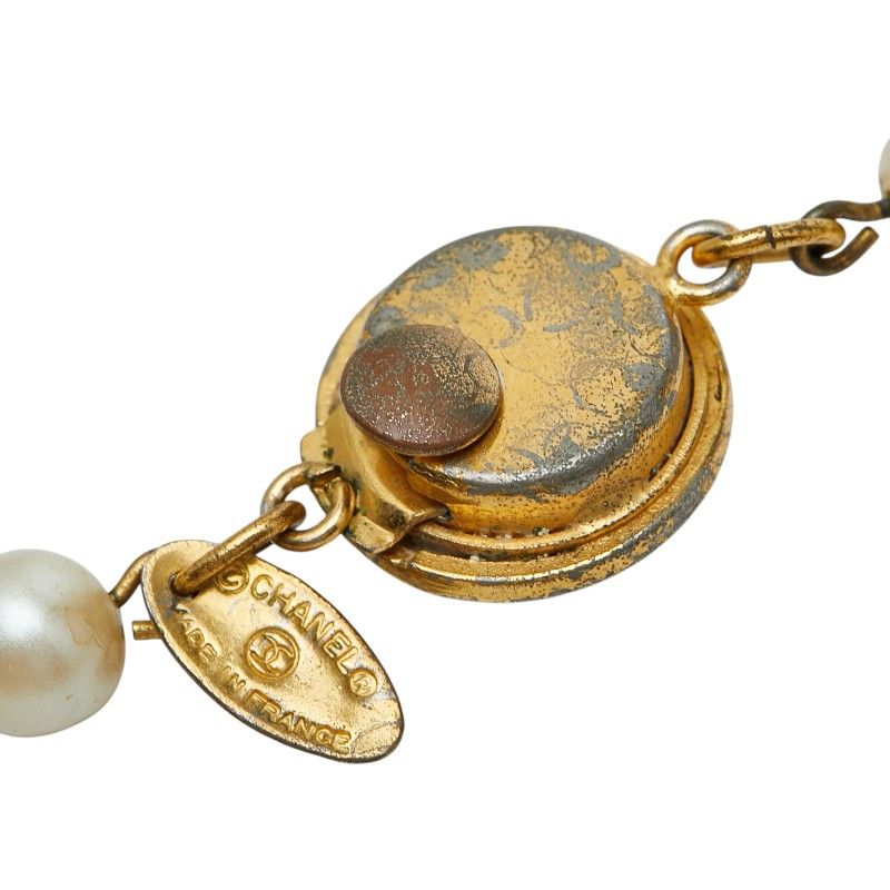 Chanel CC Logo Necklace Gold Plated Line Stone Faux Pearl — view 6
