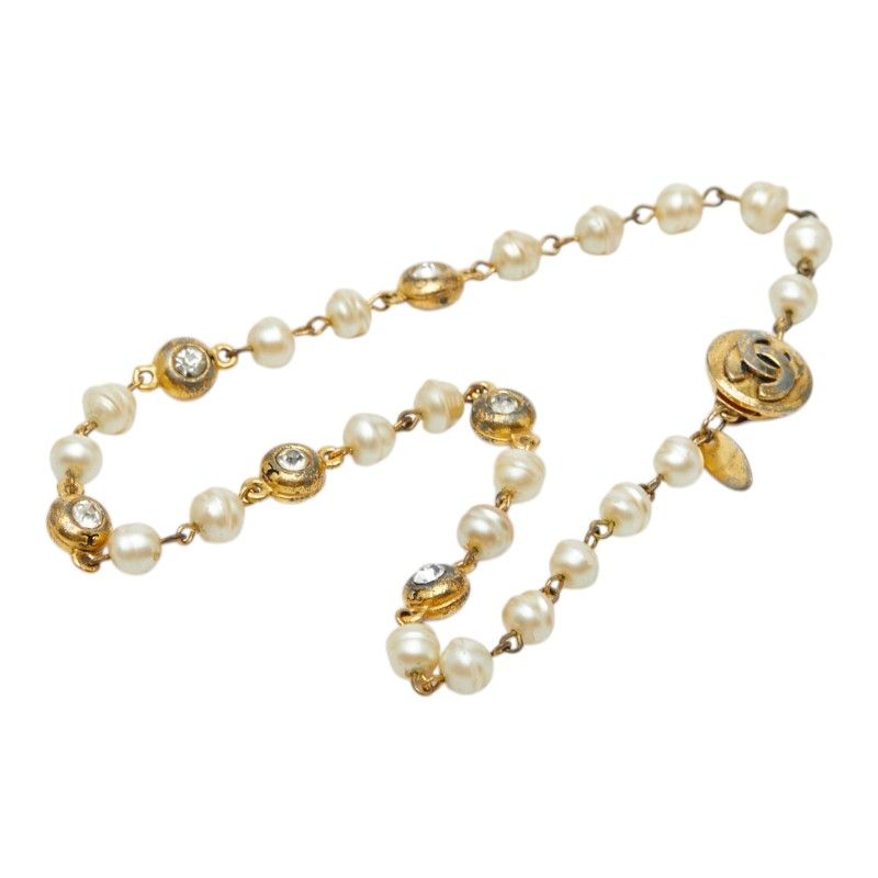Chanel CC Logo Necklace Gold Plated Line Stone Faux Pearl — view 3