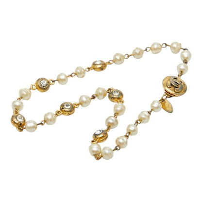 Chanel CC Logo Necklace Gold Plated Line Stone Faux Pearl — view 3