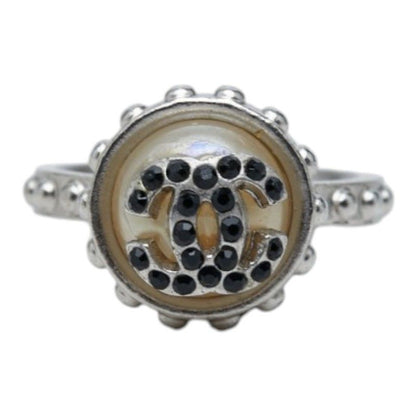 Chanel CC Logo Ring Silver Black Metal Faux Pearl Color Stone