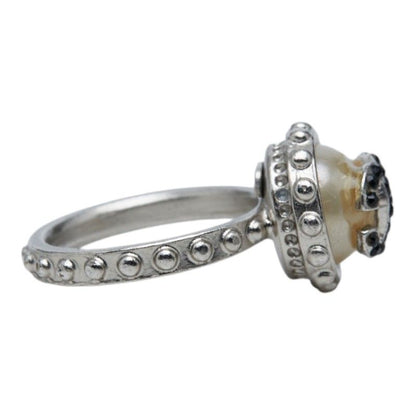 Chanel CC Logo Ring Silver Black Metal Faux Pearl Color Stone — view 4