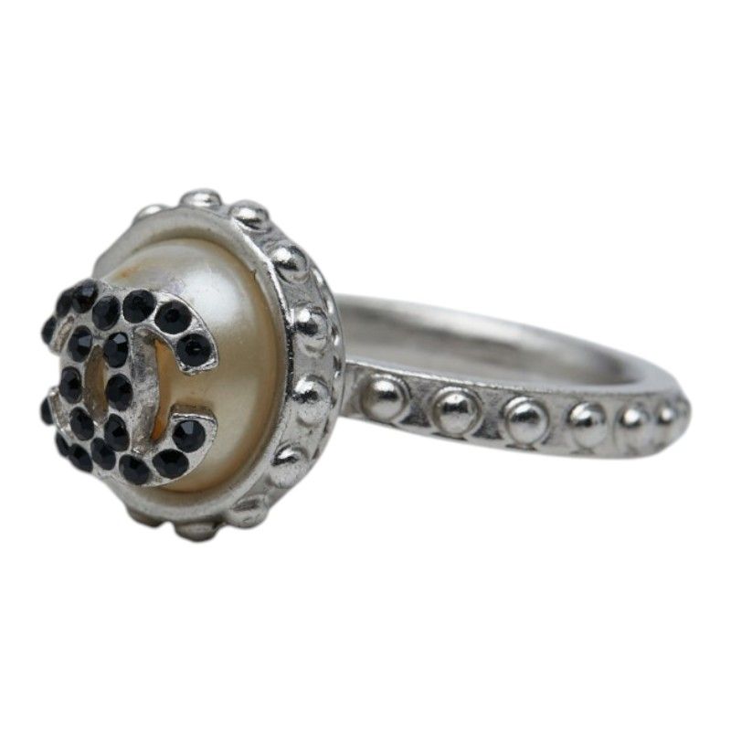 Chanel CC Logo Ring Silver Black Metal Faux Pearl Color Stone — view 2