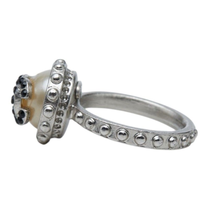 Chanel CC Logo Ring Silver Black Metal Faux Pearl Color Stone — view 3