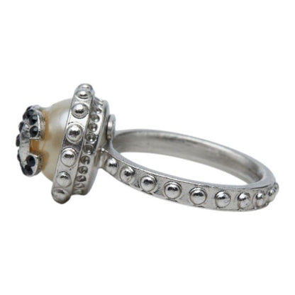 Chanel CC Logo Ring Silver Black Metal Faux Pearl Color Stone — view 3