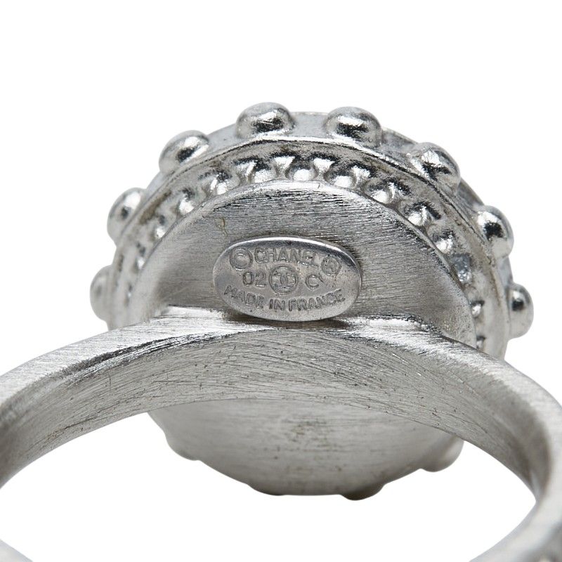 Chanel CC Logo Ring Silver Black Metal Faux Pearl Color Stone — view 6
