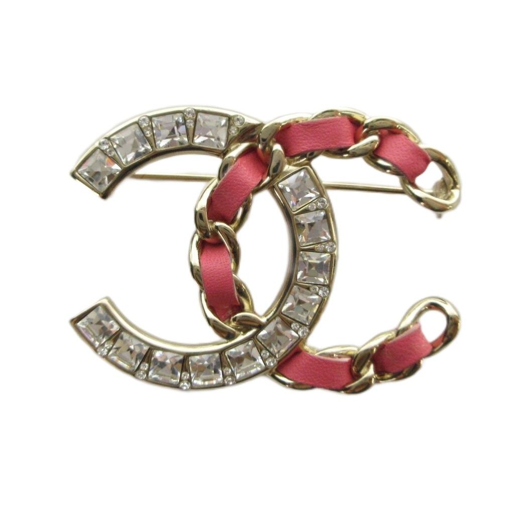 Chanel Pin Brooch Logo CC Line Stone Leather Pink Gold Color MQ AA