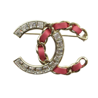 Chanel Pin Brooch Logo CC Line Stone Leather Pink Gold Color MQ AA