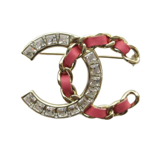 Chanel Pin Brooch Logo CC Line Stone Leather Pink Gold Color MQ AA