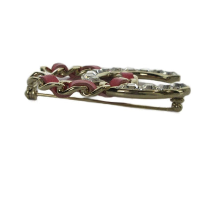 Chanel Pin Brooch Logo CC Line Stone Leather Pink Gold Color MQ AA — view 3