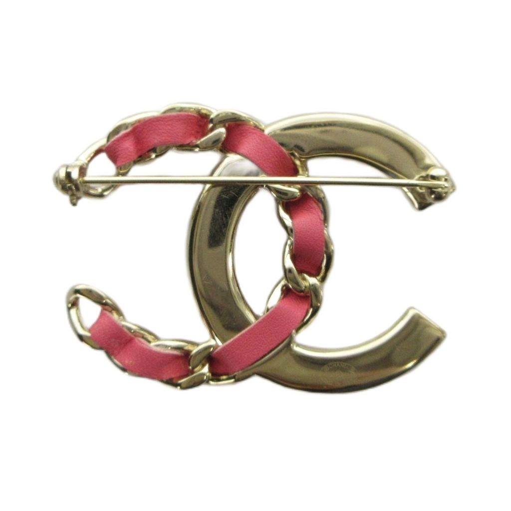 Chanel Pin Brooch Logo CC Line Stone Leather Pink Gold Color MQ AA — view 2
